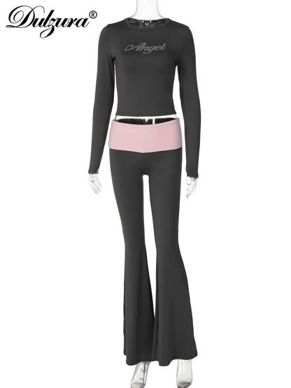 Dulzura Women’S Sexy Casual 2 Piece Pants Set Long Sleeve Letter Print Bodycon Crop Top And Flare Pants Matching Set Streetwear