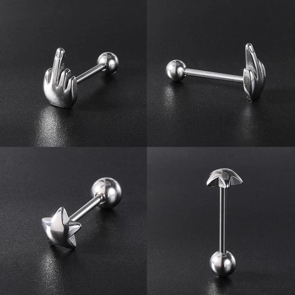 ZS 1Piece 14G Oil Luminescence Tongue Piercing Rings Stainless Steel Tongue Stud Skull Star Studs Earrings BCR Piercings Jewelry Badiee Stylez
