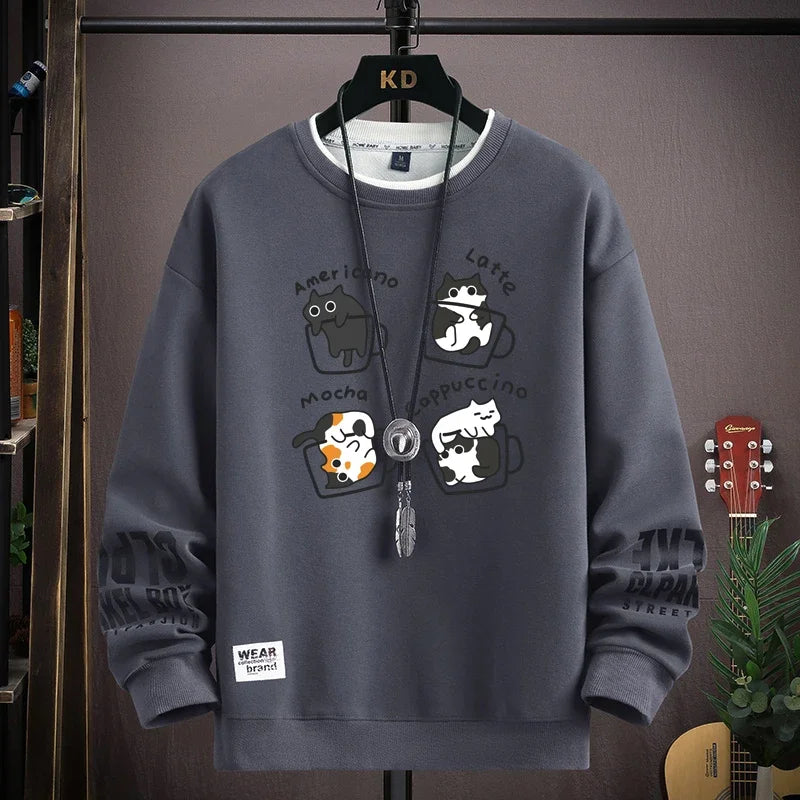 Spring Men's Sweatshirt Japan Cartoon Cats Printed Long Sleeve T-shirt Fashion Men's Clothing Khaki O Neck Harajuku Top 2024 New ND369-Grey