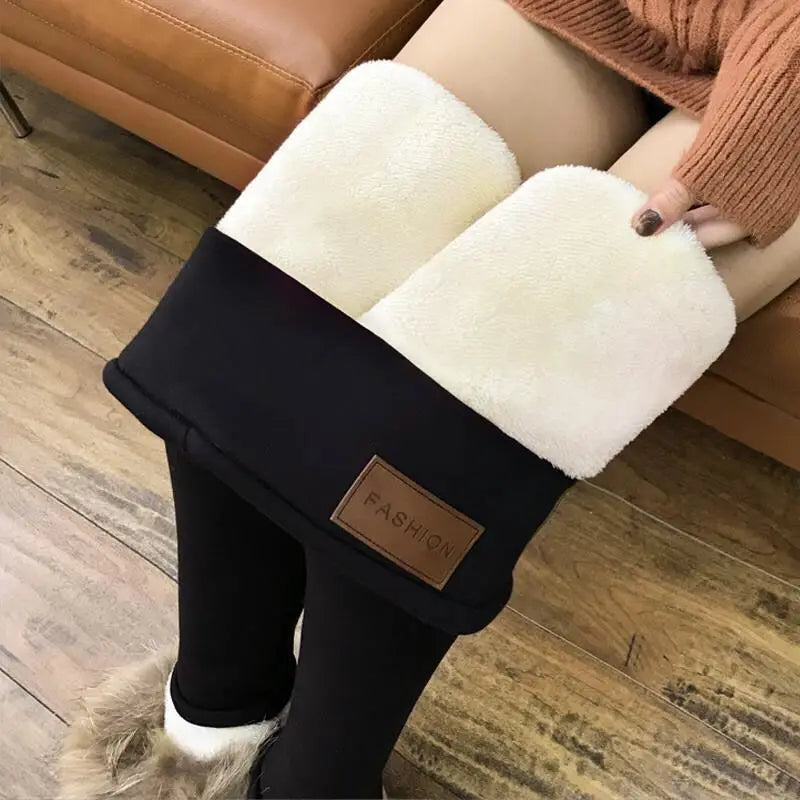 Women Lamb Fleece Leggings Seamless High Waist Thermal Winter Warm Tights Solid Stretchy Casual Pants Female Streetwear Jogger Alphabet black