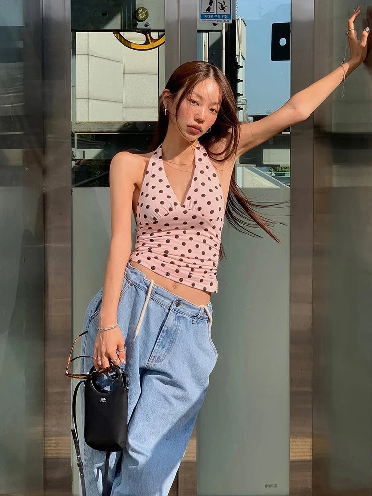 weird Puss Polka Dot Print Vest Women Y2K Lace-Up Backless Halter v-Neck Skinny Summer Trend Daily Street Basic Chic Tank Tops