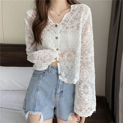 Vintage Summer Lace Blouses Women See Through Sheer Long Sleeve Sun Shirts Korean Style Casual Sun Protection Sexy Ladies Tops