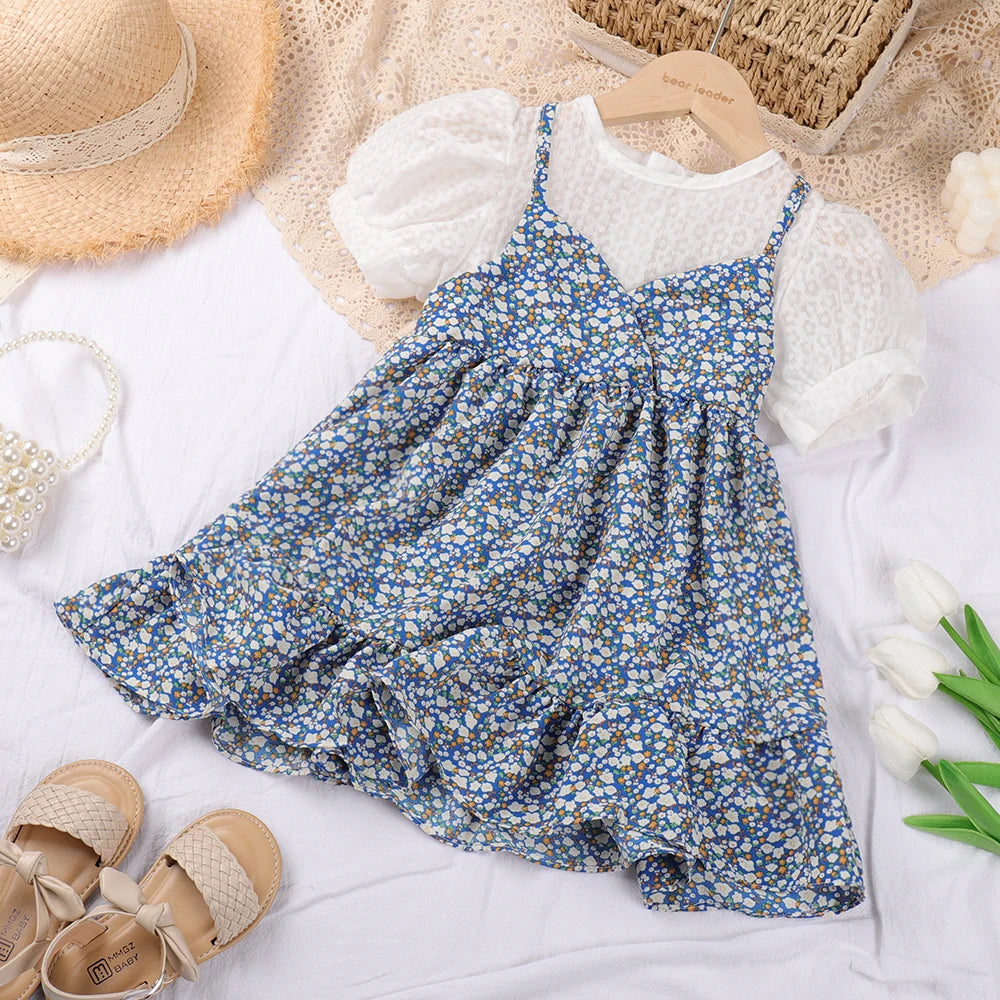Bear Leader Girls Floral Dresses 2023 Summer New Children's Rustic French Chiffon Floral Fake Two Pieces Halter Dress