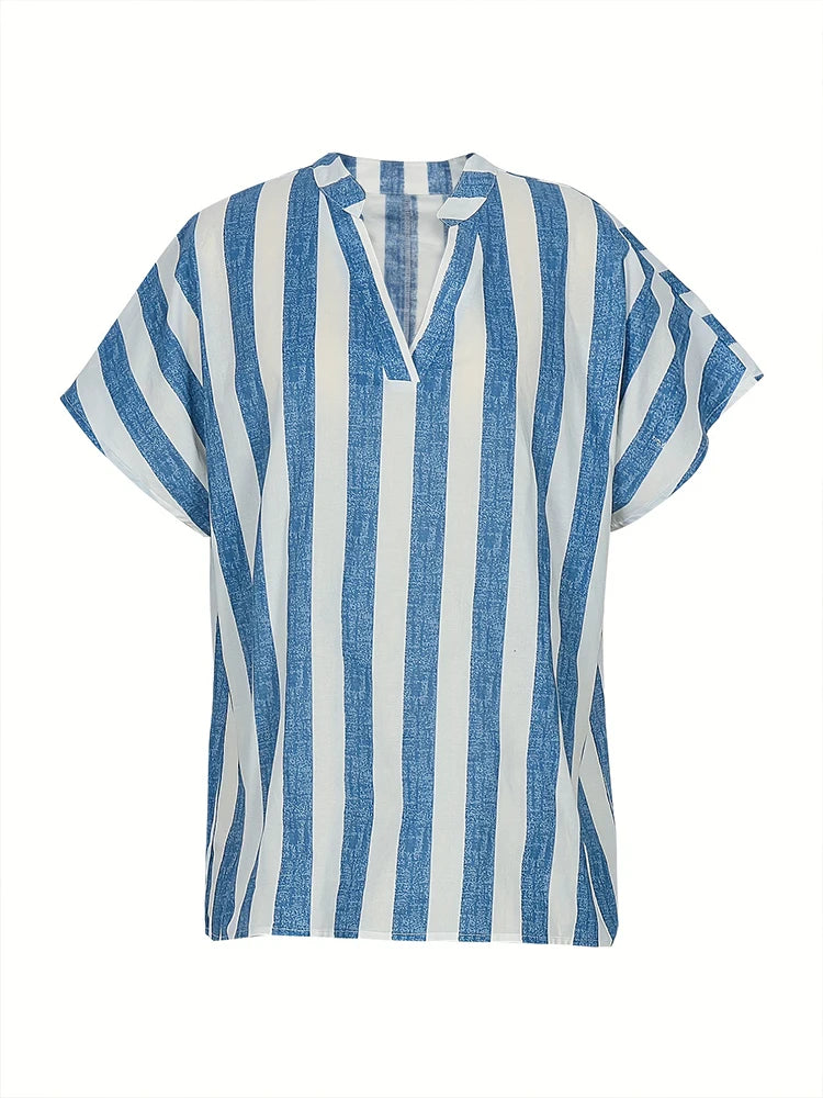 Plus Size 2024 Summer New Women's Striped Pullover T-Shirt V-Neck Short Sleeve Casual Tops Polyester