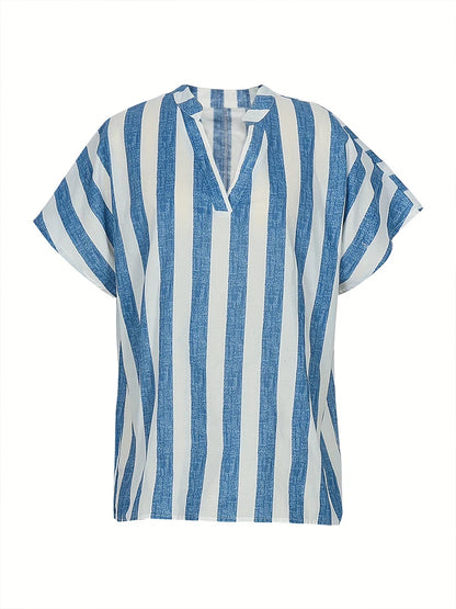 Plus Size 2024 Summer New Women's Striped Pullover T-Shirt V-Neck Short Sleeve Casual Tops Polyester