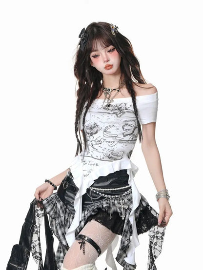 Retro Harajuku Gothic Style Leather Splicing Short Skirt for Women Y2K Lace Hem Mini Pleated Skirt Autumn Street Cool Girl