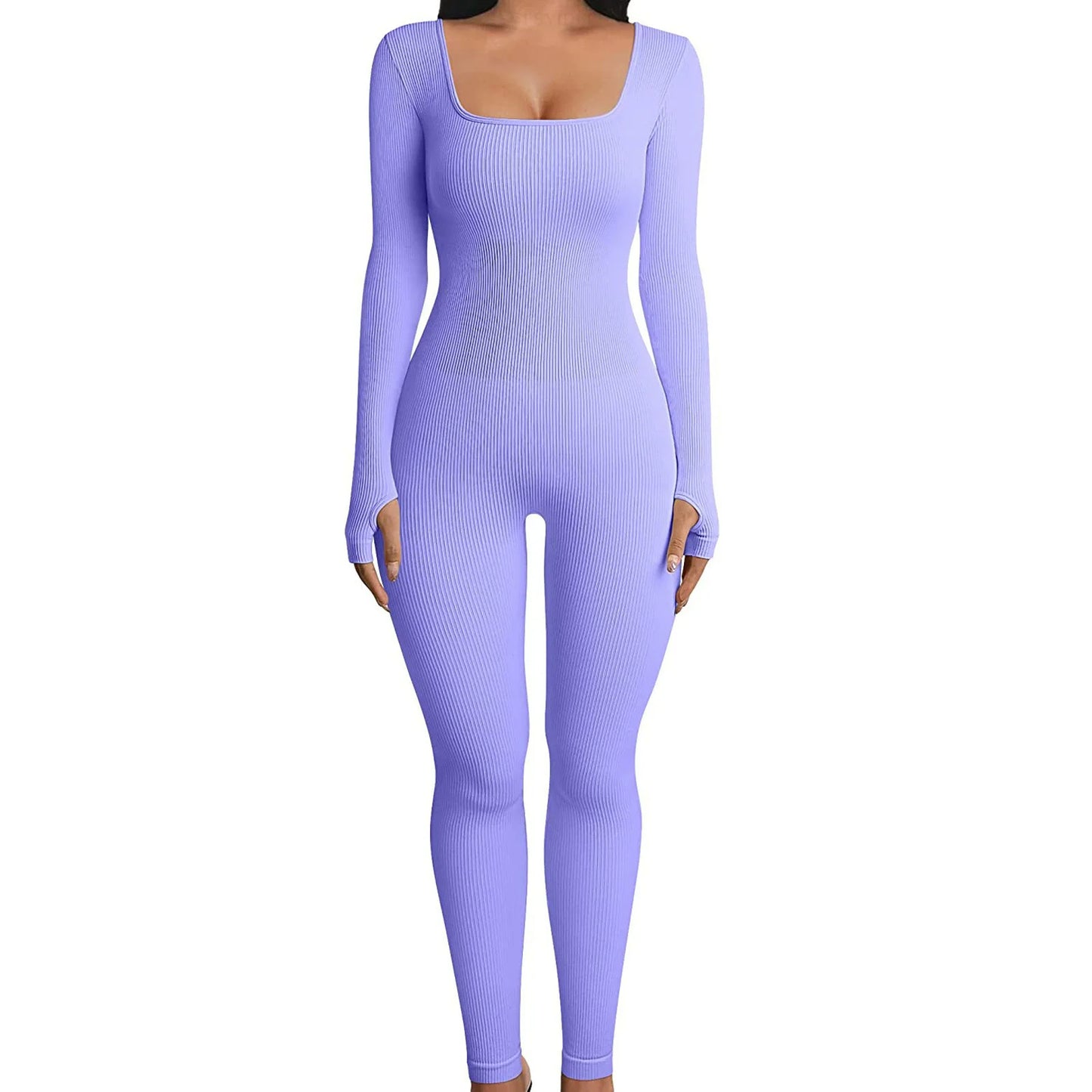 Solid Color Ribbed Yoga Jumpsuit, Seamless Slim Fit Long Sleeve Sports Bodysuit, Women's Activewear Badiee Stylez