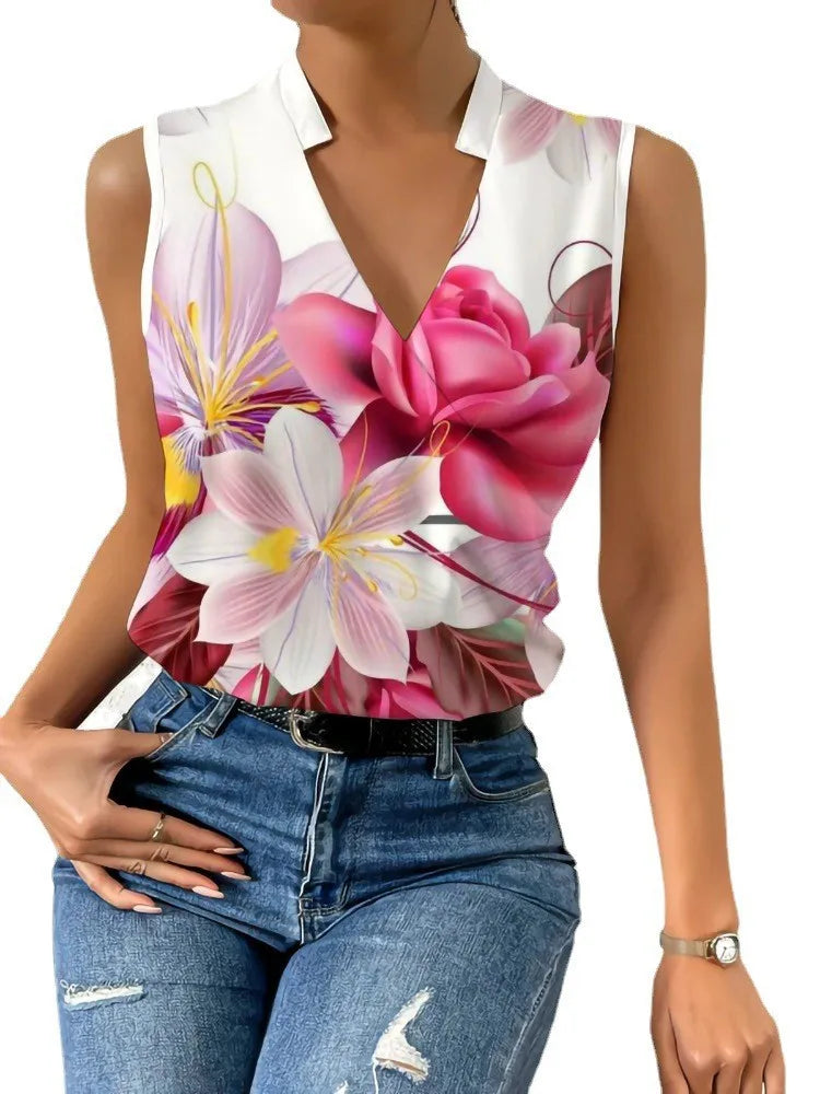 Fashion Stand Neck Sleeveless Women Tops And Blouses Floral Print Tank Top Femme 2023 Summer Casual Office Vintage Womens Blouse