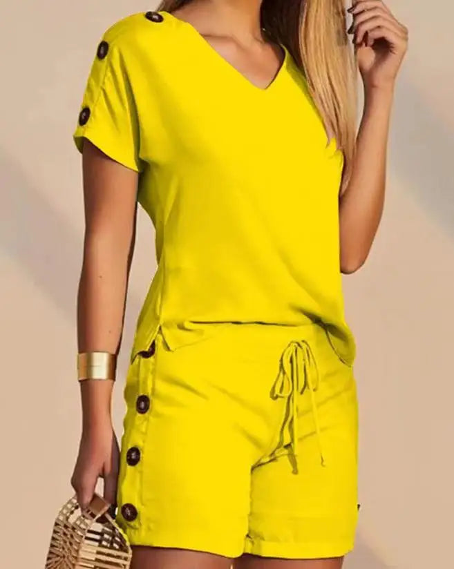 Women Tracksuit Short Sets Short Sleeve Pullover V Neck Tops High Waist Straight Pants Pockets Drawstring Button Casual 2024 Yellow