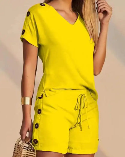 Women Tracksuit Short Sets Short Sleeve Pullover V Neck Tops High Waist Straight Pants Pockets Drawstring Button Casual 2024 Yellow