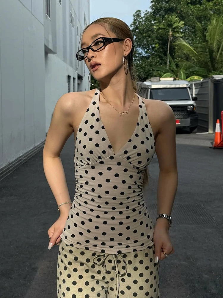 weird Puss Polka Dot Print Vest Women Y2K Lace-Up Backless Halter v-Neck Skinny Summer Trend Daily Street Basic Chic Tank Tops