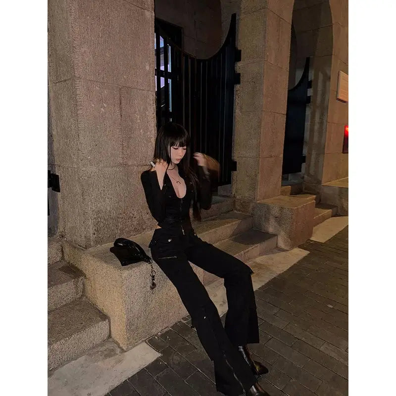 Deeptown Y2k Black Sexy Shirts Women V Neck Coquette Harajuku American Vintage Zip Up Blouse Slim Gyaru Cardigan Streetwear