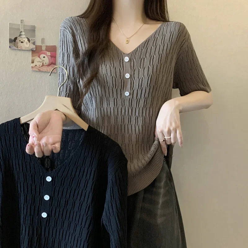 Plus Size Women's Summer New Style Slim Fit Knitted Top Belly Covering T-Shirt for Plump Sister V-Neck Big Code Sweater