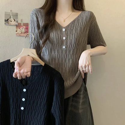 Plus Size Women's Summer New Style Slim Fit Knitted Top Belly Covering T-Shirt for Plump Sister V-Neck Big Code Sweater