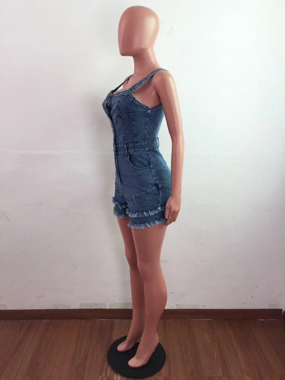 Women Denim Rompers Shorts Jeans Overalls High Waist Spliced Washed Jean Tassel Pockets One Piece Casual Skinny Solid 2025