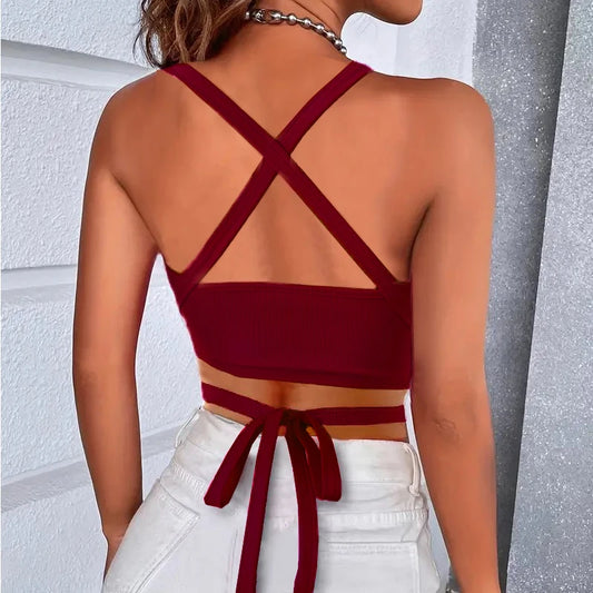 Y2k Women Summer Tank Tops Sexy Solid Color Backless Cross Bandage Crop Tops High Street Wear 2024 Fashion Wine Red Camis Corset