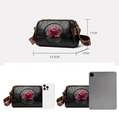 Three Layers Women Handbag Soft Leather Shoulder Crossbody Bags for Women Flower Print Ladies Messenger Bag with WIde Strap