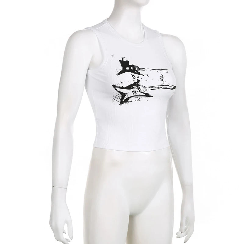 Guitar Print Sleeveless Tank Top Y2K Casual Ribbed Women Grunge Crop Top Harajuku Fashion Vest Tee 90s Street Outfits