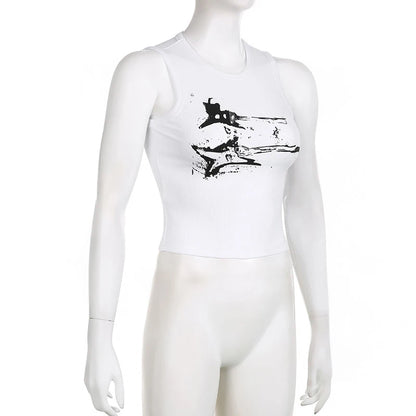 Guitar Print Sleeveless Tank Top Y2K Casual Ribbed Women Grunge Crop Top Harajuku Fashion Vest Tee 90s Street Outfits