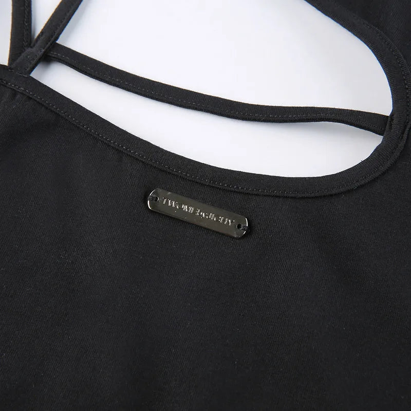 Women Hollow Out Black Y2K Tees Sleeveless Skinny Tops Cool Punk T-shirts Techwear 2023 Spring Summer New Sexy Crop Top