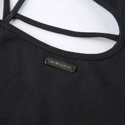 Women Hollow Out Black Y2K Tees Sleeveless Skinny Tops Cool Punk T-shirts Techwear 2023 Spring Summer New Sexy Crop Top