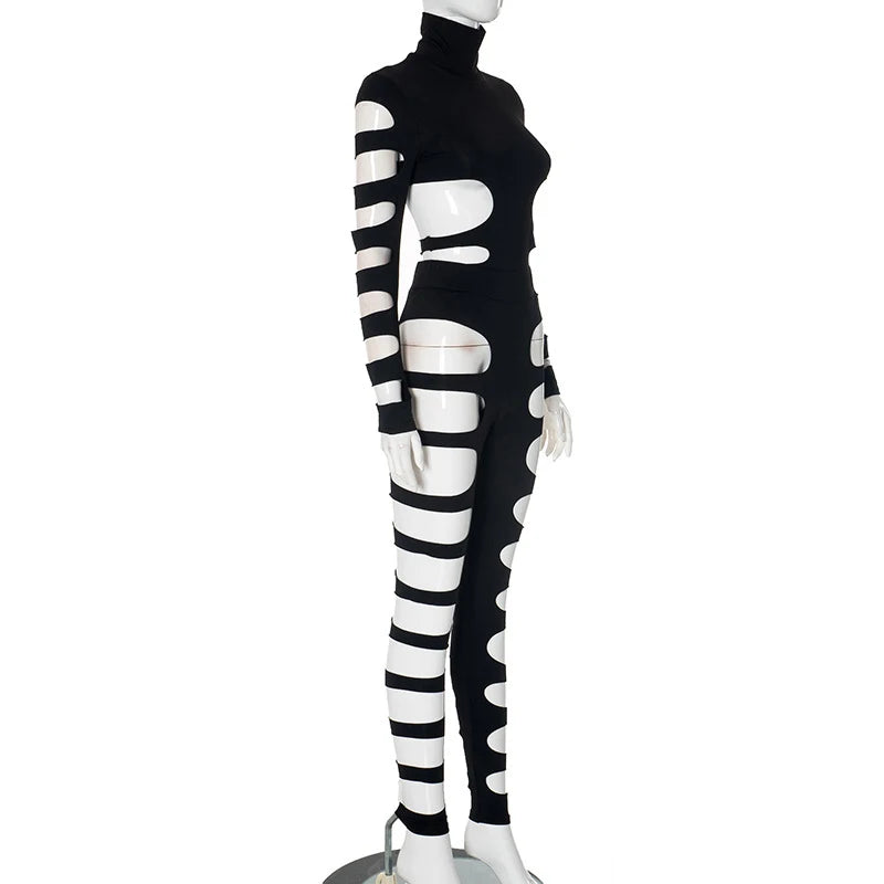 OMSJ Asymmetric Hot Girl Personality Set Hollowed Out Design Long Sleeve High Collar Bodysuit+Elastic Waist Leggings Pants Party