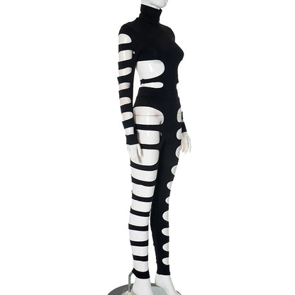 OMSJ Asymmetric Hot Girl Personality Set Hollowed Out Design Long Sleeve High Collar Bodysuit+Elastic Waist Leggings Pants Party