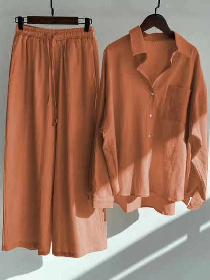 Pants Set Women Shirts Wide Leg Elastic Waist Cotton Linen Casual Sets Elegant Loose Long Sleeve Lapel Spring Shirt Y2k Suit Orange Set