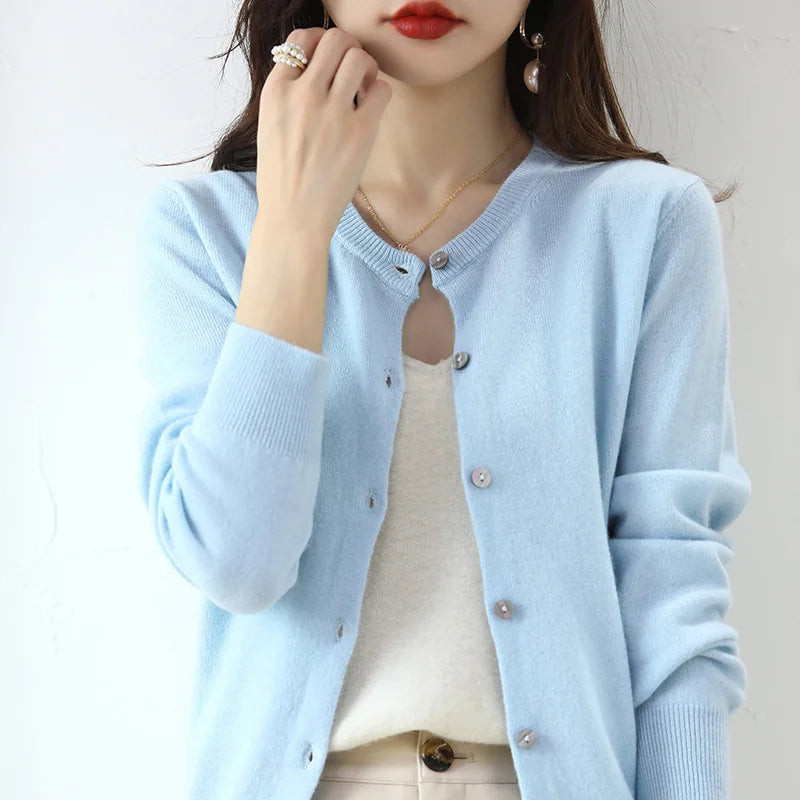 Knitted Cardigan Women's Sweater Autumn And Winter 2022 New Solid Color Coat Round Neck Short Long Sleeve Loose Korean Fashion SKY BLUE CHINA