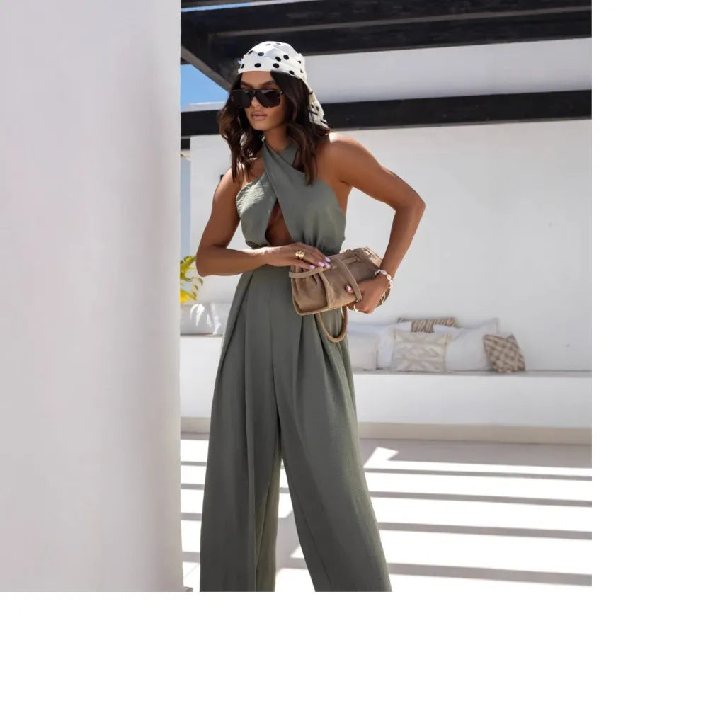 Sexy Solid Sleeveless Jumpsuit Spring Summer Fashion Commuter Women's Elegant Lapel Halter Neck Folds Wide Leg Trousers Jumpsuit Badiee Stylez