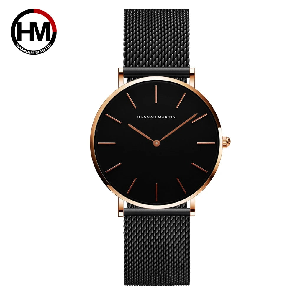 HANNAH MARTIN Brand Classic Women Quartz Watch 36mm Rose Gold Stainless Steel Mesh Strap Japanese Movement Girl Gift Wrist Watch CH36-WF2