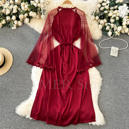 Sexy Embroider Edge Lady Kimono Bathrobe Dress Gown Mesh Sleeve Wedding Long Robe Sleepwear Loose Silk Satin Nightwear Lingerie