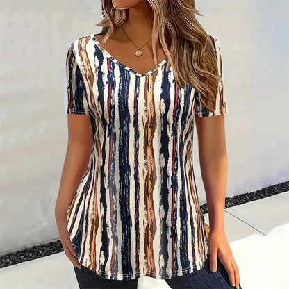 Checkered 3D Pattern Printed Women's V-Neck Short Sleeve Striped Minimally Printed Woman ClothingTop Women's Loose Women's Shirt S56VTX4652