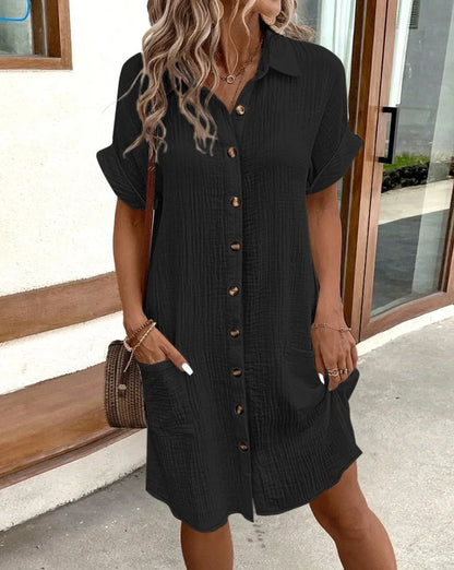 Women's Fashion Summer Minimalist V-neck Button Up Dress Woman Cotton Linen White Short Sleeved Pocket Casual Loose Shirt Dress Badiee Stylez