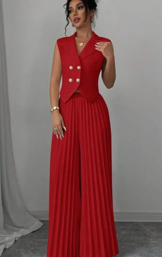 Women Fashion Solid Office Suit Casual Slim Button Two Piece Set Elegant Turn Down Collar Sleeveless Blazer&Pleat Pants Outfits