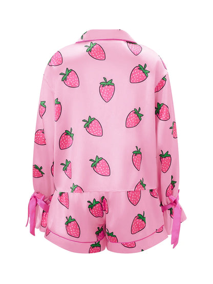 Women's 2 Piece Lounge Set Long Sleeve Lapel Strawberry/Bow Print Button Up Tops Shorts Sleepwear Sets