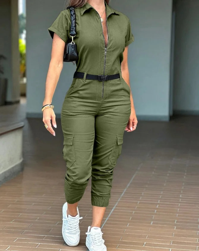 Sexy Elegant New Fashion 2024 Summer Casual Female Clothing Outfits Solid Color Short Sleeved High Waisted Workwear Jumpsuit E