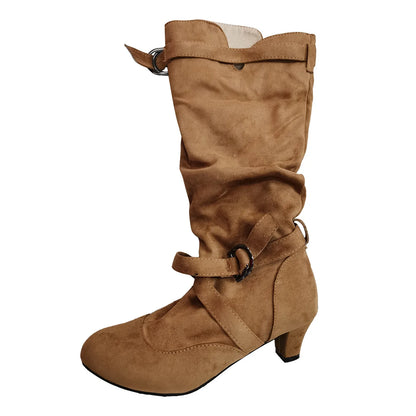 Leather Calf Boots For Women Low Heel Women's Foreign Trade Autumn And Winter New Mid Heel Slip Fashion Plush Mid Medium Boot