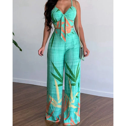 Summer Women Tropical Print Spaghetti Strap Casual Lace up Back Top &High Waist Pants Set 2 Pieces Suit Sets 2023 Woman Clothing SKY BLUE