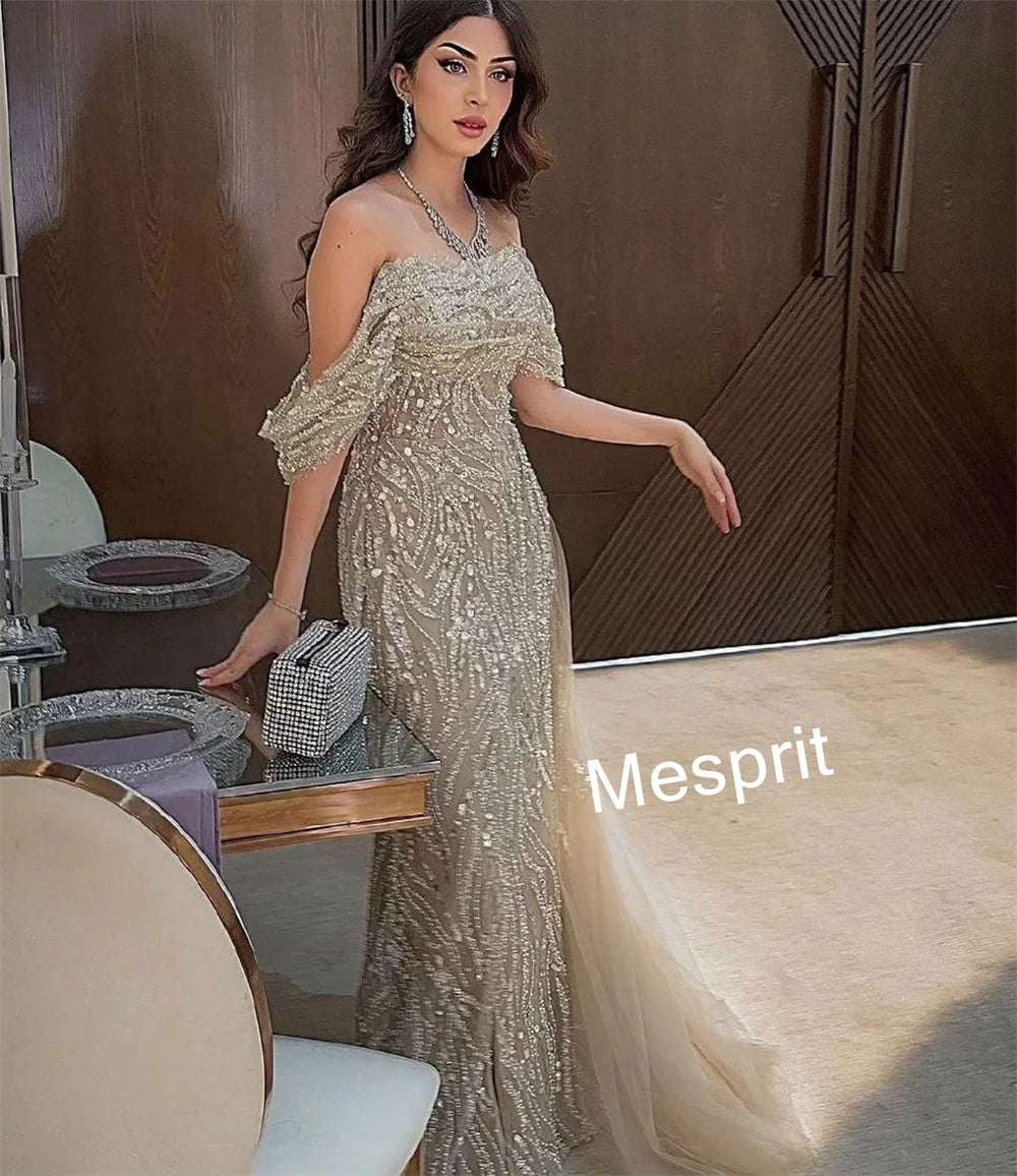 Customized Intricate Pleat Pattern Beading Trumpet Off-the-shoulder Long Dresses Bespoke Occasion Dresses Sizes Available Badiee Stylez