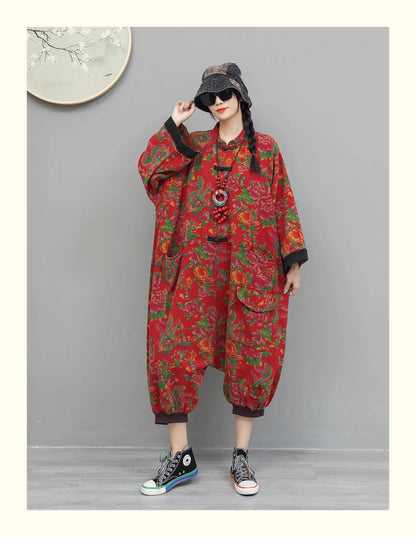 Artistic Large Floral Cotton Linen Chinese Style Button Embroidery Loose Casual Jumpsuit Women LX4344 Badiee Stylez