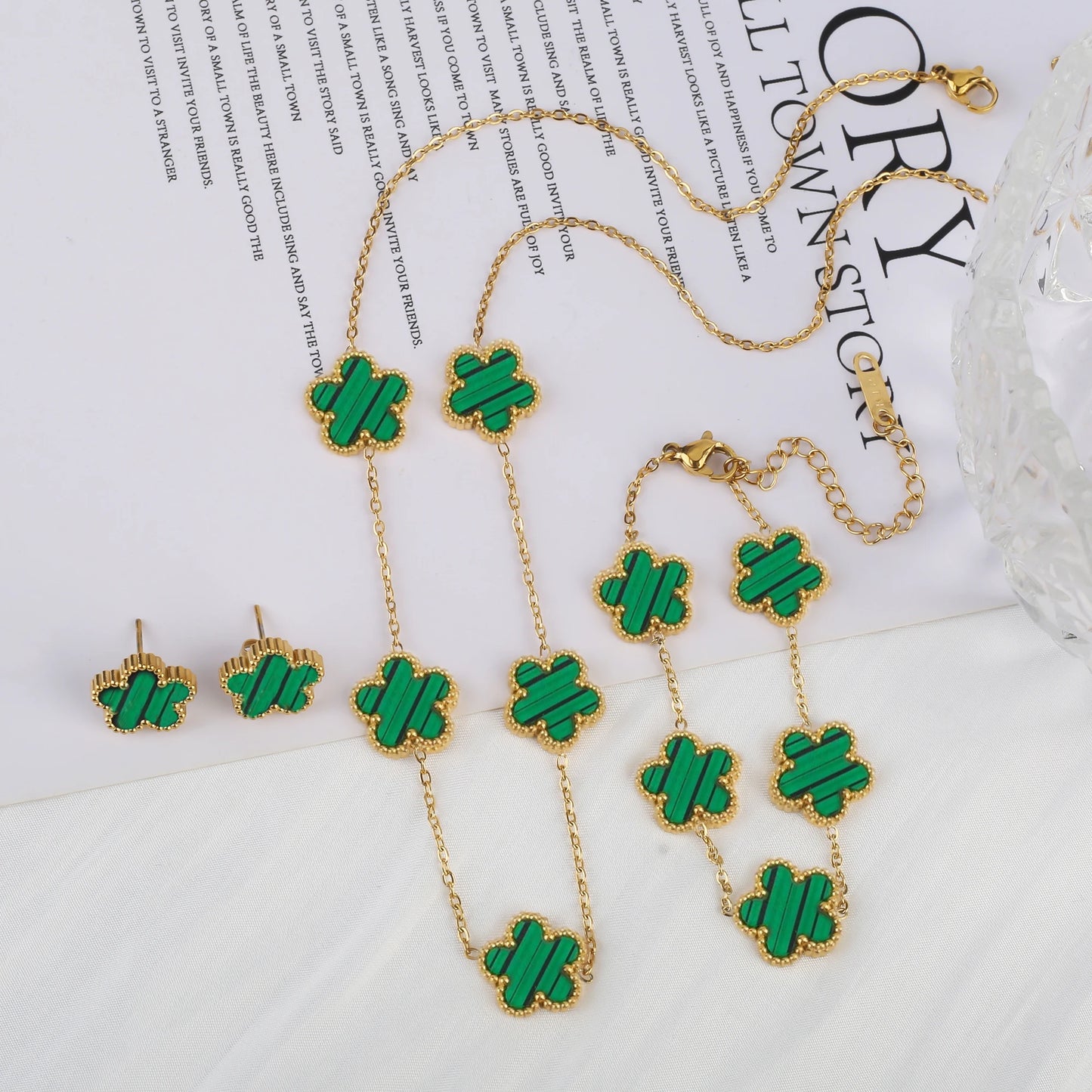 3Pcs Stainless Steel Hot Selling Gold Plated Clover Necklace Earrings Bracelet Jewelry Set Five Leaf Flower Jewelry For Women Jewelry Set 4
