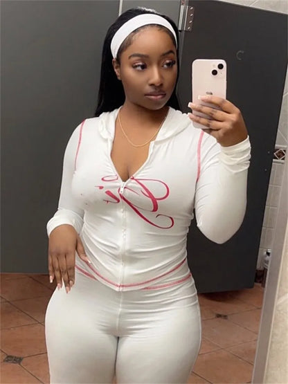 2025 Spring Fashion New Casual Women's Sets Long Sleeve Zipper Hoodie Tops and Pants Streetwear White Two 2 Piece Set Outfits
