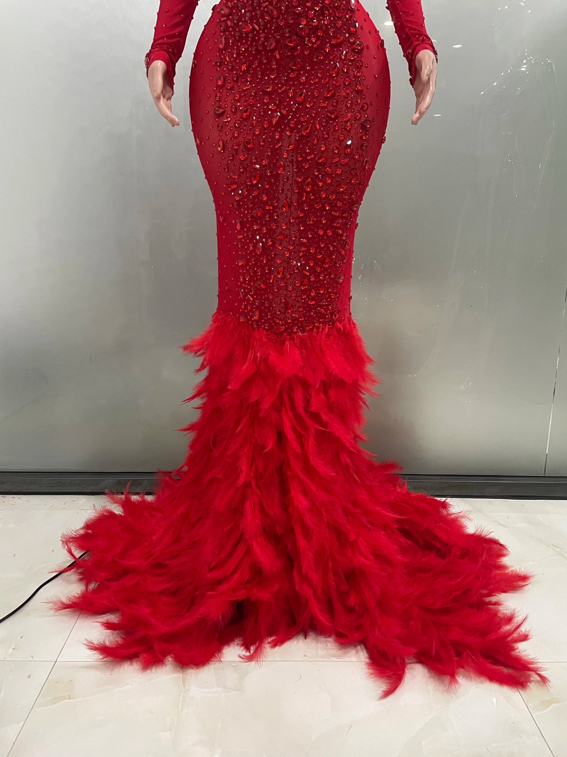 Luxury Sparkling Red Crystals Feathers Mermaid Long Sleeve Maxi Dress Women Formal Occasions Wedding Celebrate Party Prom Gown Badiee Stylez
