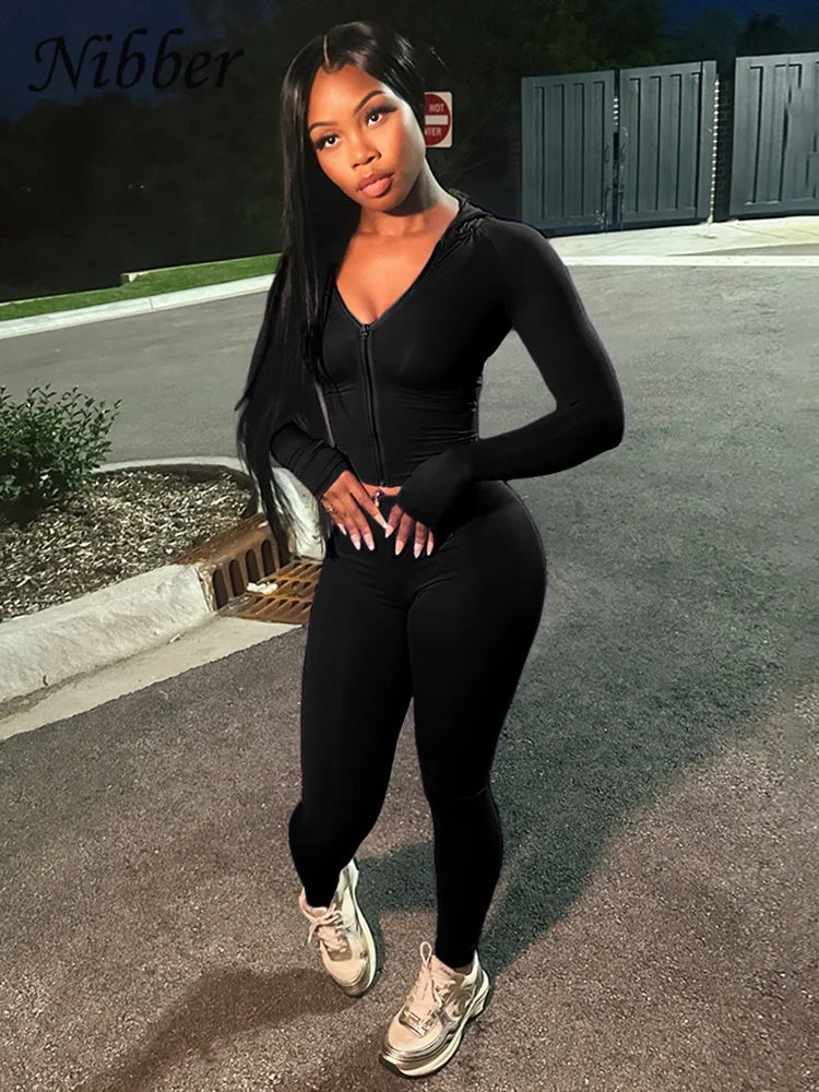Nibber Sporty Casual 2 Piece Set Women Tracksuit Hooded Zip Crop Tops+Leggings Fitness Soft Stretch Streetwear Activity Suit black