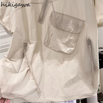 Summer Hoodies Women's Clothing Short Sleeve Hooded Half Zipper Y2k Tops Streetwear Casual Fashion Korean Sweatshirt Ropa Mujer