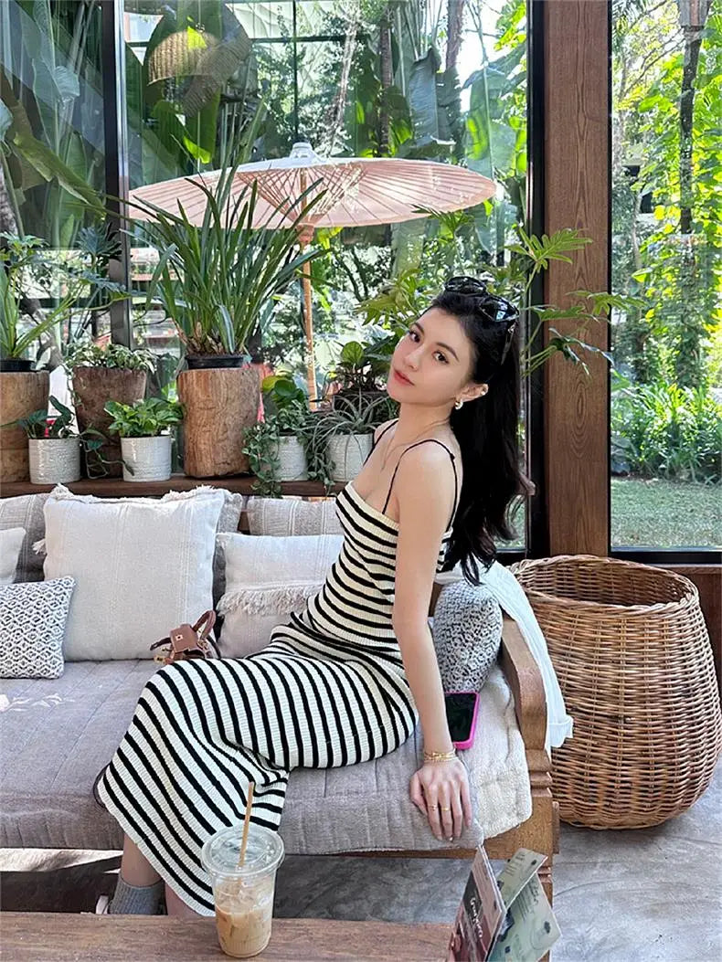 Striped Knitted Slim Dresses Women's Summer Skinny Sleeveless Bodycon Long Dress Casual Holiday Wrap Hip Sundress