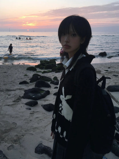 Karrram Japanese Y2k Knit Cardigans Vintage Rabbit Embroidery Zipper Knitwear Harajuku 2000s Korean Knitted Coat Preppy Style