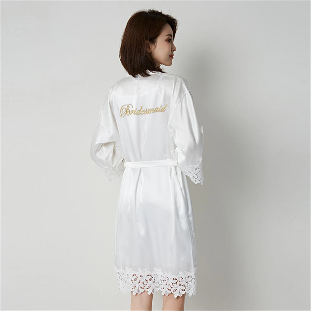 Wedding Embroidery Bride Bridesmaid Kimono Dresses Lace Gown Sexy Women Robes Home Gown Bathrobe Short Night Shirts Sleepwear1PC Bridesmaid white