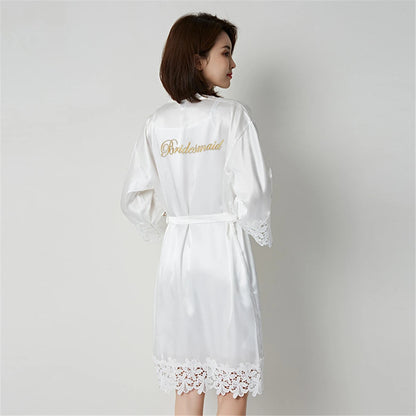Wedding Embroidery Bride Bridesmaid Kimono Dresses Lace Gown Sexy Women Robes Home Gown Bathrobe Short Night Shirts Sleepwear1PC Bridesmaid white